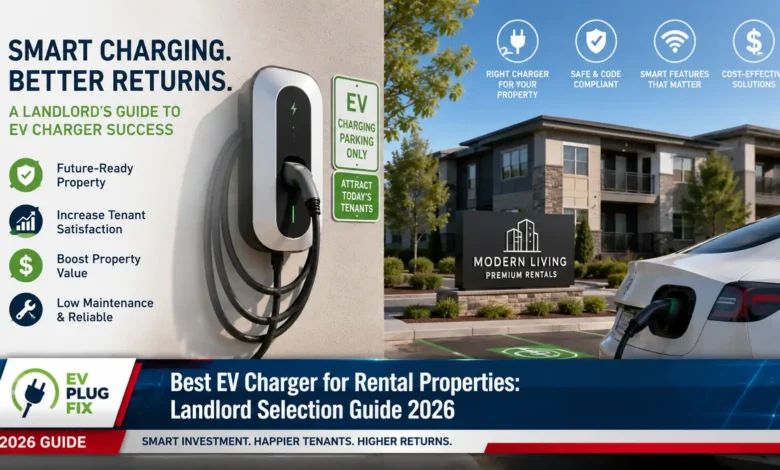 Modern Feyree EV charger installed on brick wall of rental property driveway with electric vehicle connected