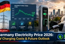 Modern electric vehicle charging at a German public charging station with price display showing competitive kWh rates in 2026