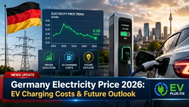Modern electric vehicle charging at a German public charging station with price display showing competitive kWh rates in 2026