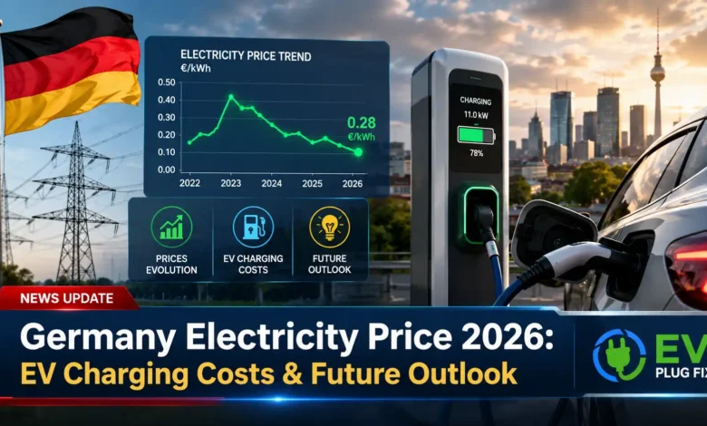Modern electric vehicle charging at a German public charging station with price display showing competitive kWh rates in 2026