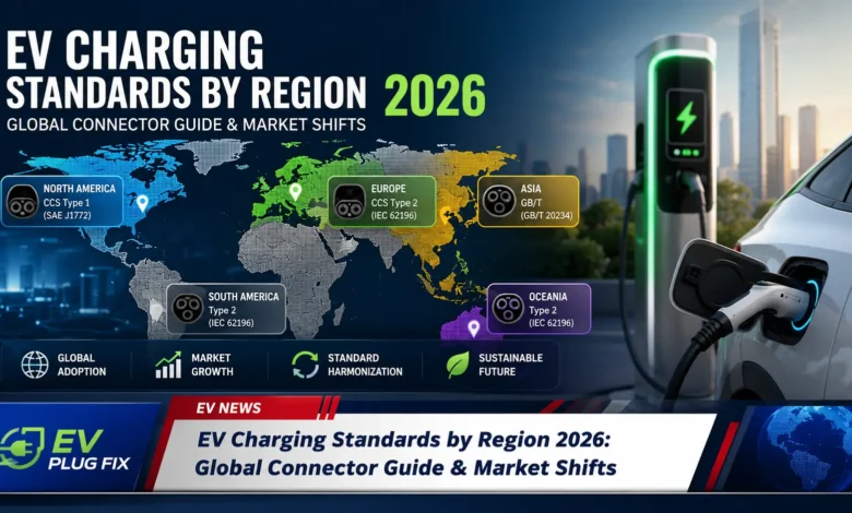 Global EV charging standards comparison chart showing NACS CCS1 CCS2 CHAdeMO and GB/T connectors side by side
