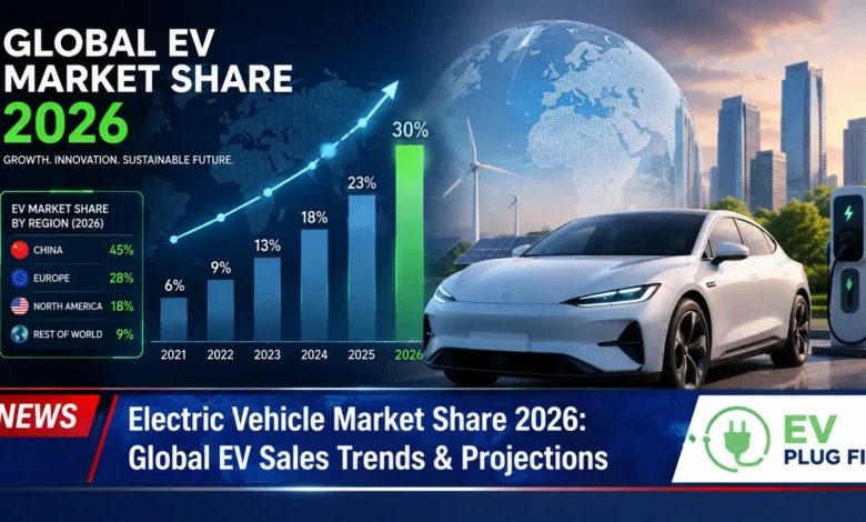 Global electric vehicle market share growth bar chart 2026 projection by region