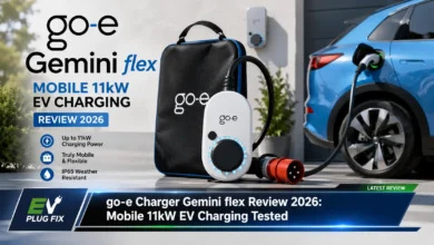 go-e Charger Gemini flex mobile EV wallbox plugged into red CEE socket for 11kW charging