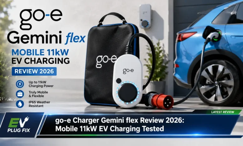 go-e Charger Gemini flex mobile EV wallbox plugged into red CEE socket for 11kW charging