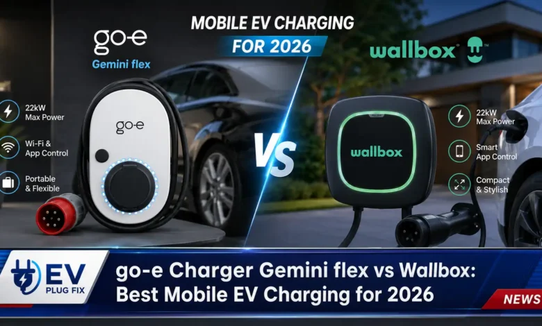 go-e Charger Gemini flex mobile EV wallbox connected to red CEE socket charging an electric car 2026