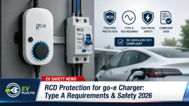 go-e Charger Gemini flex wallbox with RCD protection module and electrical wiring for safe EV charging installation