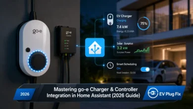 go-e Charger connected to Home Assistant dashboard on a smartphone showing EV charging status and solar power data