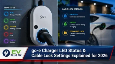 go-e charger LED status indicators showing rotating tails for single-phase and three-phase EV charging