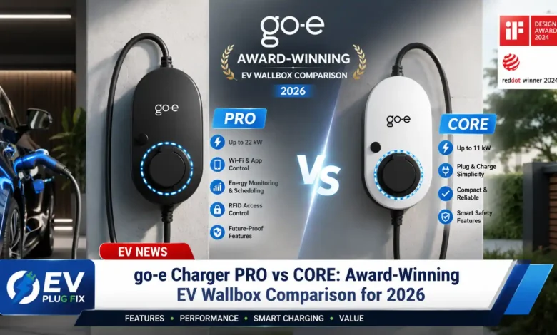 Sleek go-e Charger PRO wallbox mounted on a modern garage wall, showcasing its award-winning design for 2026