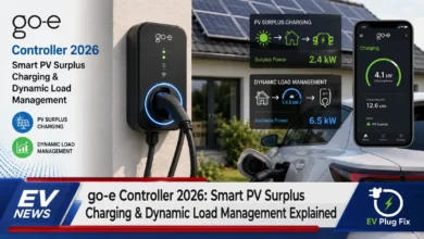 go-e Controller device mounted on a wall with LED display showing energy flow data for PV surplus charging