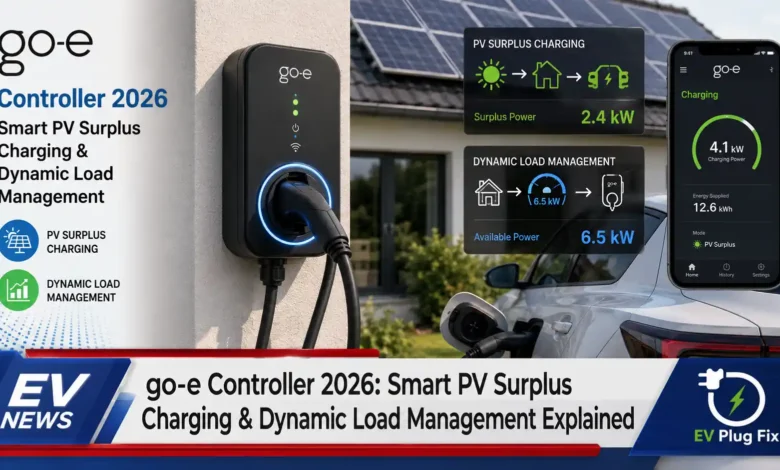 go-e Controller device mounted on a wall with LED display showing energy flow data for PV surplus charging