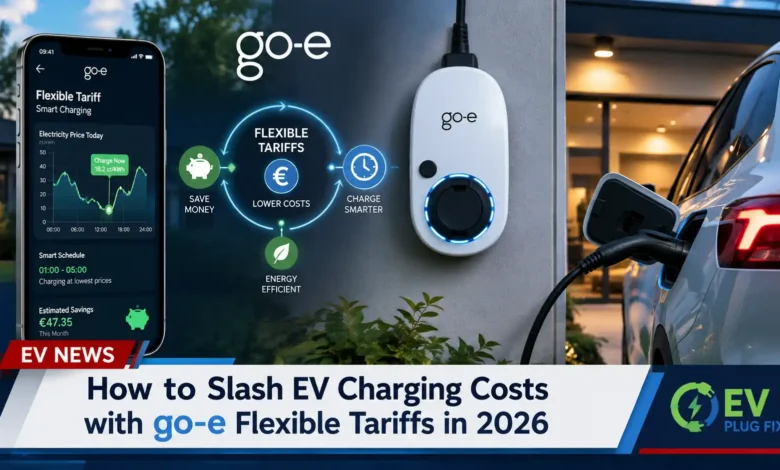 Modern go-e Gemini EV charger mounted on a garage wall with smartphone app controlling flexible electricity tariff settings in 2026