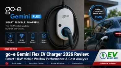 go-e Gemini Flex 11kW smart mobile EV charger plugged into a CEE socket for home electric vehicle charging in 2026