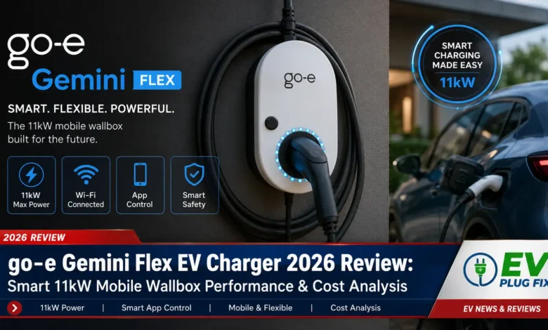 go-e Gemini Flex 11kW smart mobile EV charger plugged into a CEE socket for home electric vehicle charging in 2026