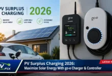 A modern go-e Gemini flex smart wallbox charging an electric vehicle using surplus solar power from rooftop PV panels on a sunny day.
