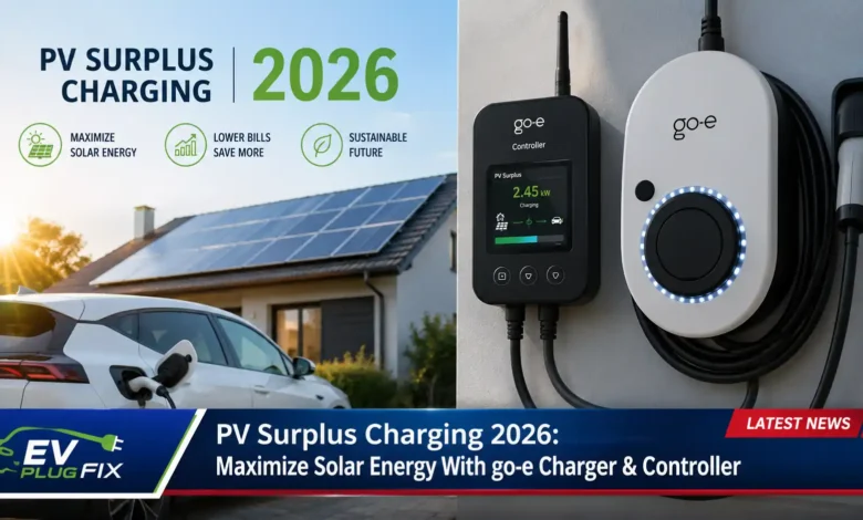 A modern go-e Gemini flex smart wallbox charging an electric vehicle using surplus solar power from rooftop PV panels on a sunny day.