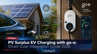 go-e electric vehicle charger mounted on wall with solar panels and home energy management system interface in background
