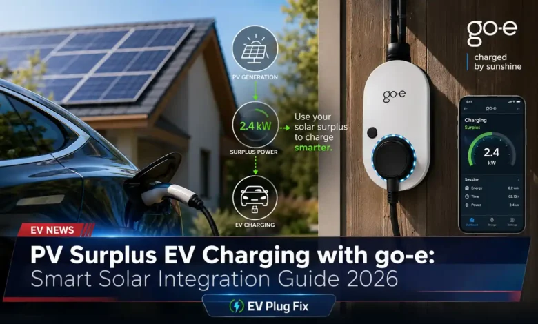 go-e electric vehicle charger mounted on wall with solar panels and home energy management system interface in background