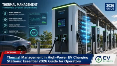 High-power EV charging station equipped with advanced liquid thermal management cooling system in operation