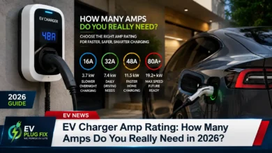 Modern electric vehicle plugged into a home Level 2 EV charger station showing the amp rating display