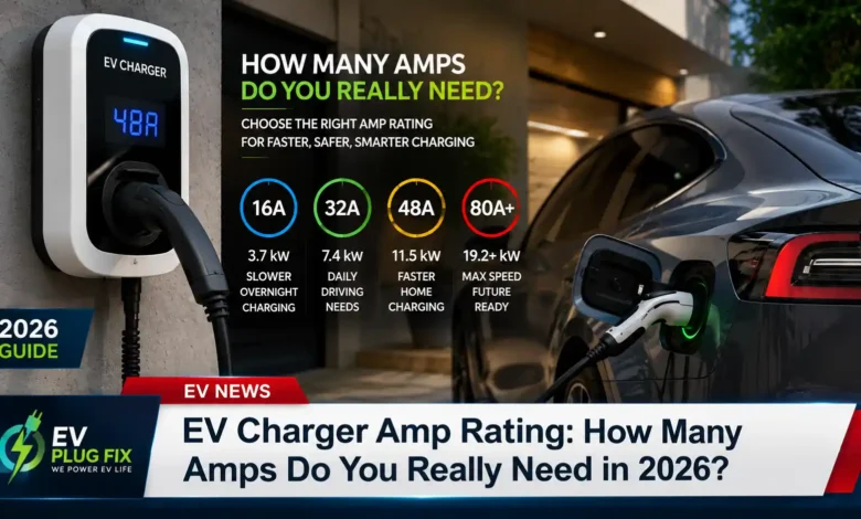 Modern electric vehicle plugged into a home Level 2 EV charger station showing the amp rating display