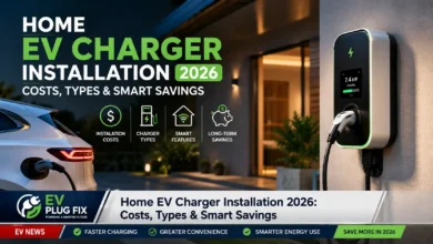 Modern electric vehicle charging at home with a sleek wallbox charger installed on a brick wall driveway in 2026