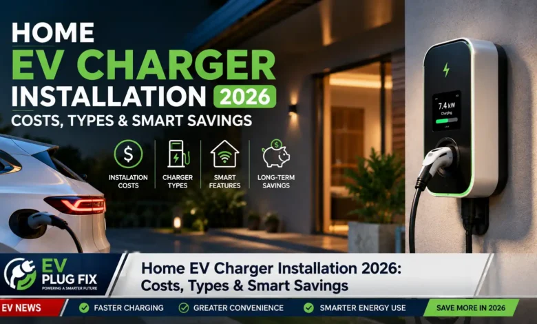 Modern electric vehicle charging at home with a sleek wallbox charger installed on a brick wall driveway in 2026
