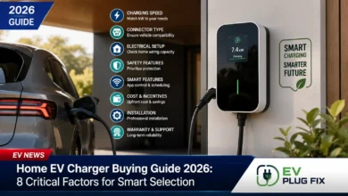 Modern home EV charger installed on garage wall with electric vehicle plugged in