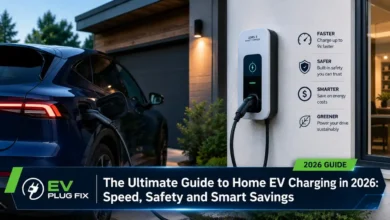 Modern home EV charging station mounted on brick wall charging a sleek electric SUV in a residential driveway 2026