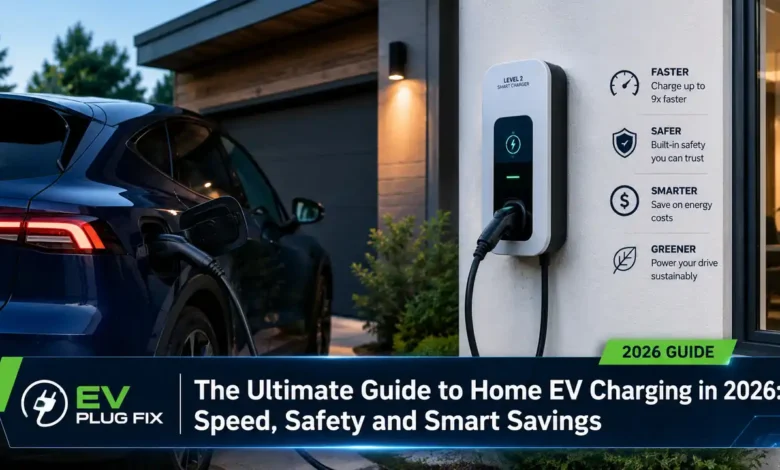 Modern home EV charging station mounted on brick wall charging a sleek electric SUV in a residential driveway 2026
