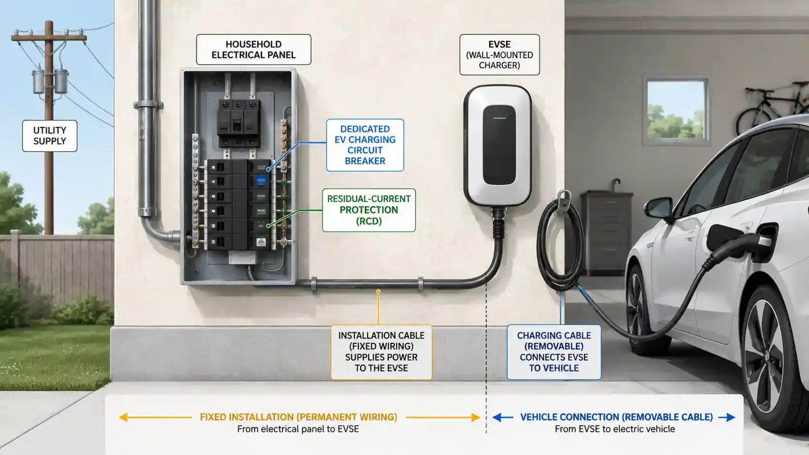 Home EV charger installation showing electrical panel, dedicated circuit, wallbox and separate charging cable
