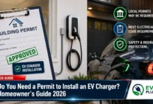 Professional installation of a Level 2 EV charger in a modern home garage by a licensed electrician with the electrical permit document visible