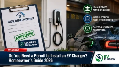 Professional installation of a Level 2 EV charger in a modern home garage by a licensed electrician with the electrical permit document visible