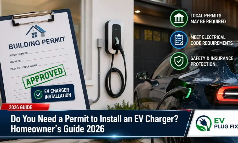 Professional installation of a Level 2 EV charger in a modern home garage by a licensed electrician with the electrical permit document visible