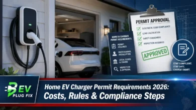 Professional home EV charger installation with permit documents and licensed electrician inspecting wall-mounted Level 2 charging station