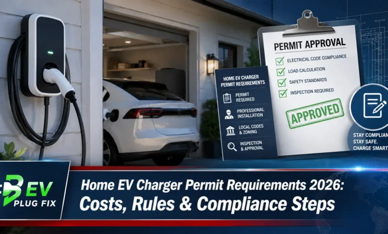 Professional home EV charger installation with permit documents and licensed electrician inspecting wall-mounted Level 2 charging station