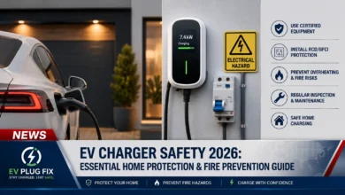 Modern EV charger plugged into a NEMA 14-50 outlet with childproof safety cover in a residential garage setting 2026