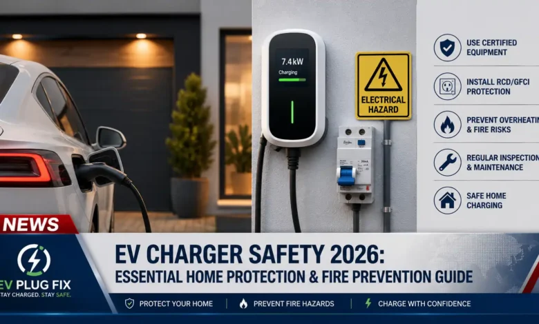Modern EV charger plugged into a NEMA 14-50 outlet with childproof safety cover in a residential garage setting 2026