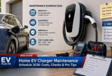 Homeowner performing a routine visual inspection on a wall-mounted electric vehicle charger in a modern garage.