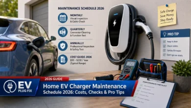 Homeowner performing a routine visual inspection on a wall-mounted electric vehicle charger in a modern garage.