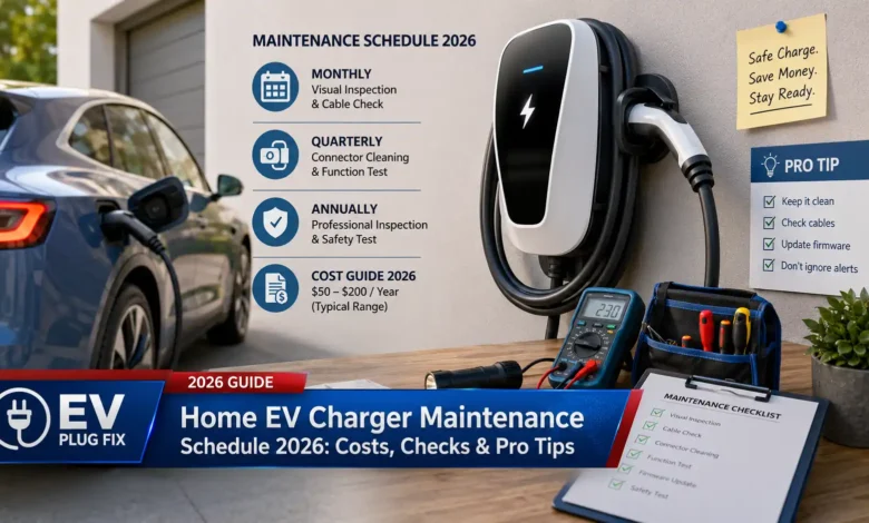 Homeowner performing a routine visual inspection on a wall-mounted electric vehicle charger in a modern garage.