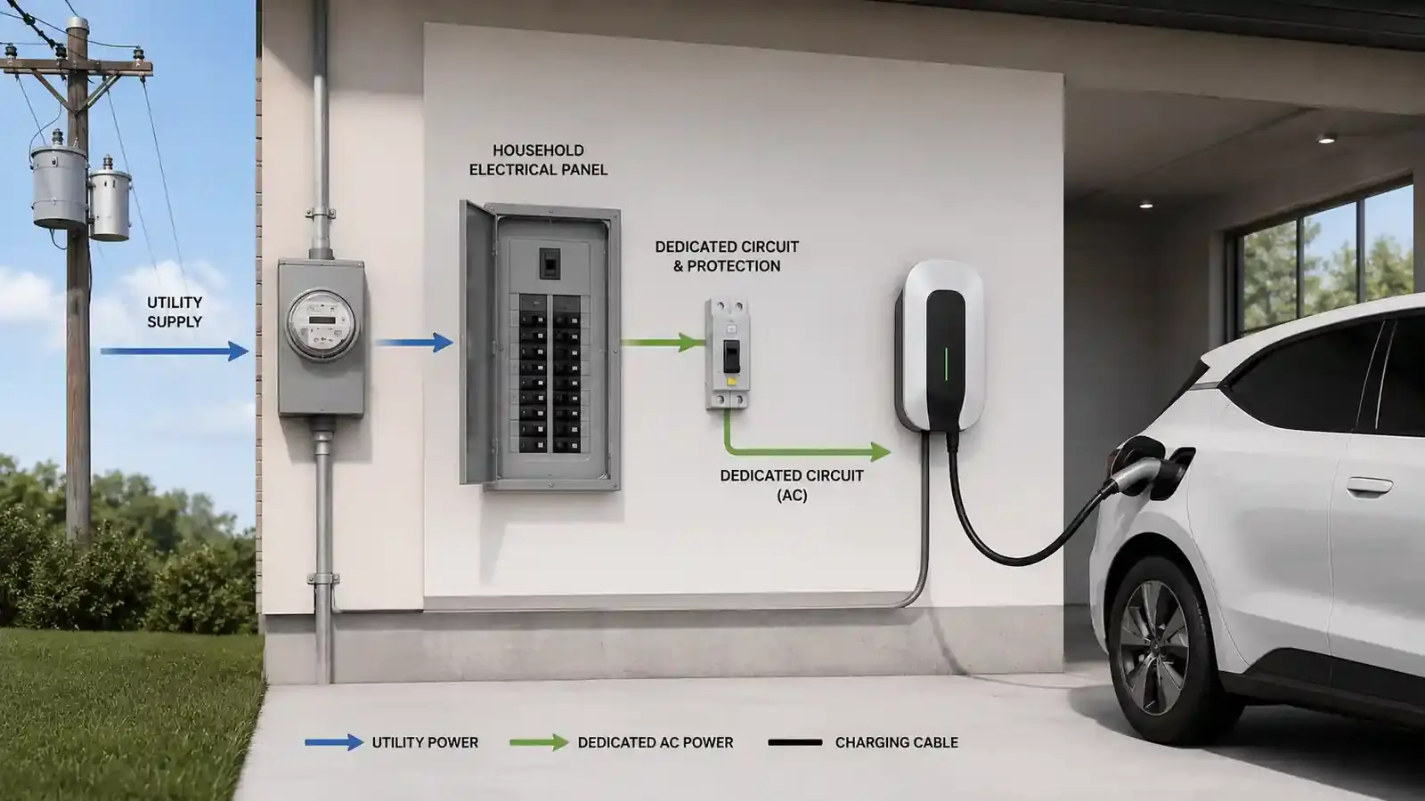 Diagram showing the electrical path from a home's supply and electrical panel to a wall-mounted EV charger and electric vehicle Diagram showing the electrical path from a home's supply and electrical panel to a wall-mounted EV charger and electric vehicle