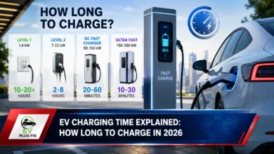 Modern electric vehicle plugged into a home EV charging station in a residential garage