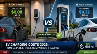 Modern electric vehicle plugged into a home Level 2 charging station in a residential garage with illuminated charger display showing charging status