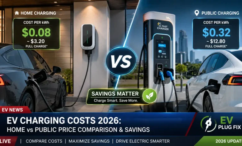 Modern electric vehicle plugged into a home Level 2 charging station in a residential garage with illuminated charger display showing charging status