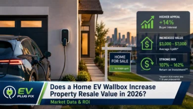 Modern Level 2 EV wallbox charger installed in a home garage wall, highlighting the future-proof property investment for resale value in 2026.