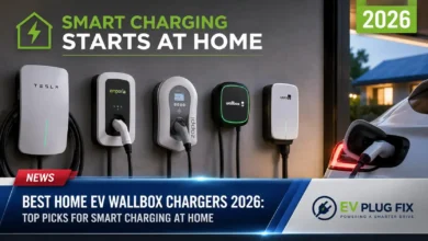 Modern home EV wallbox charger installed in a residential garage with electric vehicle connected charging 2026