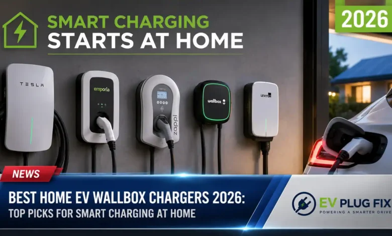 Modern home EV wallbox charger installed in a residential garage with electric vehicle connected charging 2026