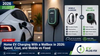 Modern electric vehicle plugged into a home wallbox charging station in a residential garage, 2026