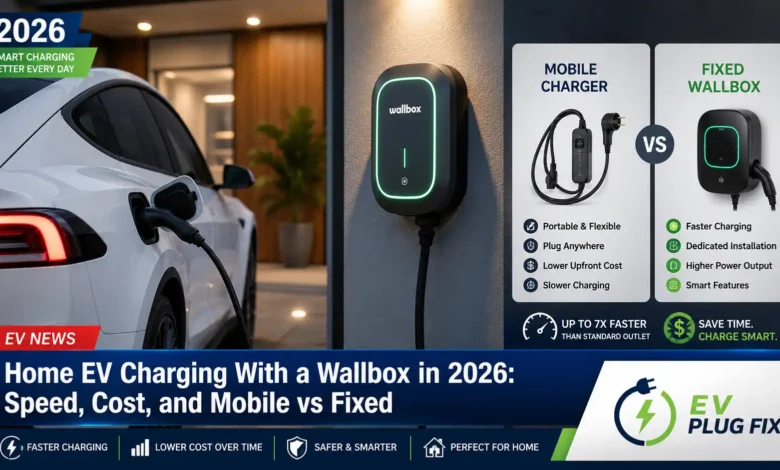 Modern electric vehicle plugged into a home wallbox charging station in a residential garage, 2026